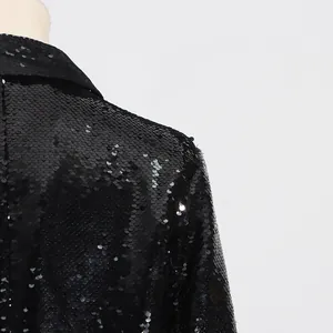 Detailed close-up of a stylish black sequined blazer jacket showing fine texture and fit