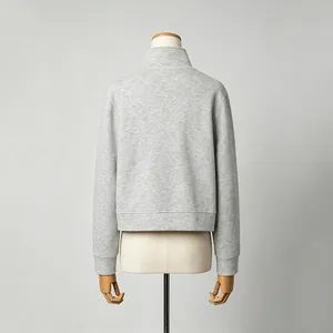 Back view of a minimalist casual grey stand-collar long-sleeve jacket for women