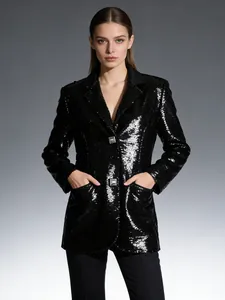 Women Sequin Patchwork Blazer Jacket Fashion Long Sleeve Open Front Coat For Party Evening Night Out Streetwear