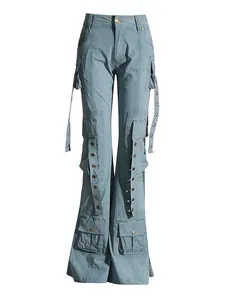 High-waisted flared cargo denim pants with multi-pocket design and grommet straps
