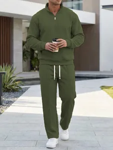 Detailed view of the olive green waffle knit texture on this men's two-piece lounge set