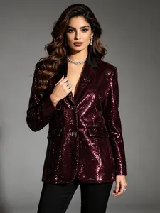 Elegant burgundy sequined blazer with black lapels and silver buttons for party wear.