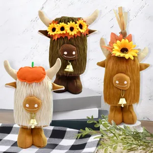 Harvest Festival Highland cow plush gnomes with sunflowers and autumn decor