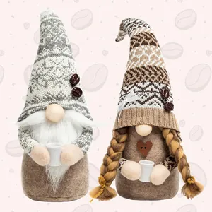 Set of two coffee-themed faceless Christmas gnomes with knit hats and coffee bean detail.