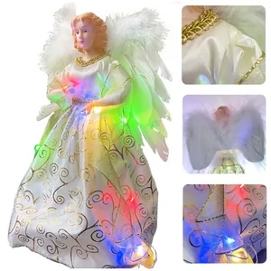 Elegant glowing angel Christmas tree topper with white feather wings and colorful LED lights
