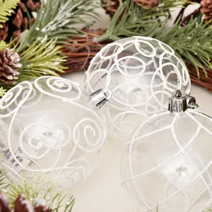 Bolas de Navidad de PET transparente de 8 cm con intrincados patrones pintados en blanco