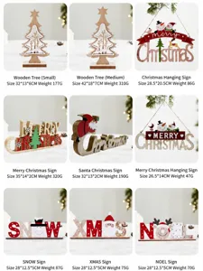 Various wooden Christmas ornaments and hanging signs with detailed size and weight specs.