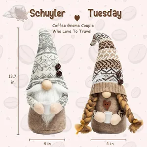 Handmade coffee themed gnome couple plush for Christmas and home coffee bar decor.