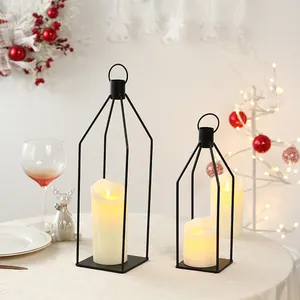 Set Portacandele in Ferro Nero Minimalista Con Candele LED Lanterna Decorativa Geometrica per Casa Giardino Matrimonio Natale