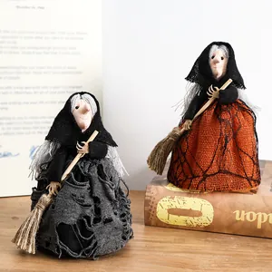 Halloween Heks Boomtop Ornament Met Bezem Handgemaakte Satijnen Gaas Heks Pop Voor Feestelijke Tafel Decoratie Thuis