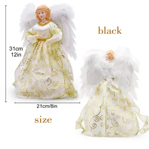 Elegant 31cm white and gold Christmas tree topper angel figurine with real feather wings