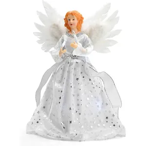 Elegant Christmas angel tree topper with white feather wings and shimmering silver stars