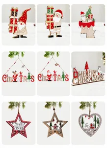 Collection of wooden Christmas ornaments including Santa figurines and hanging signs