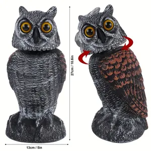 Realistic 360-degree rotating head owl decoy bird scarer for garden and orchard protection