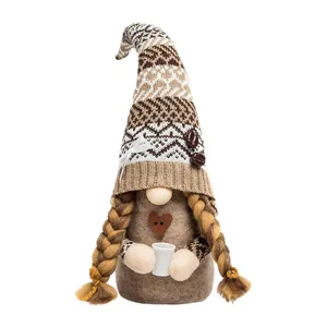 Handmade coffee themed Christmas gnome doll with knit hat and coffee cup ornament