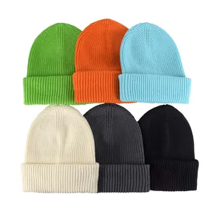 Assorted solid color knitted beanie hats in six vibrant colors for winter warmth