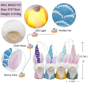 Detailed view of Easter gnome ornaments with LED lights, bunny ears and dimension info.