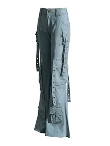 Stylish high-waisted flared cargo jeans with grommet straps and multi-pockets