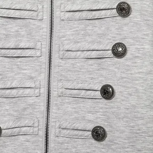 Close-up of heather grey jacket with decorative buttons and front zipper detail.