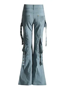 High-waisted flared denim pants with stylish designer eyelet straps and cargo pockets