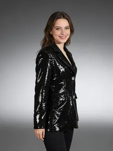 Stylish women's black sequined blazer jacket for elegant evening and party wear
