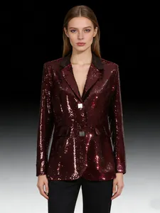Stylish burgundy sequined blazer with contrast collar for women