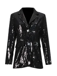 Elegant black sequin blazer for women with notched lapels and decorative buttons