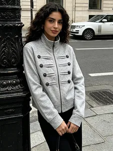 Stylish grey high-neck jacket with decorative buttons and front zipper for autumn fashion