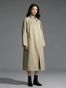 Trench lungo kaki minimalista da donna, elegante capospalla primaverile da ufficio