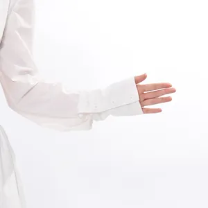 Close-up view of a white long-sleeve top's cuff featuring elegant triple button detail