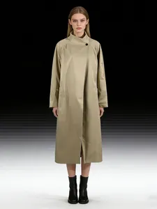 Elegante trench lungo kaki con colletto alla coreana per la moda primaverile da donna
