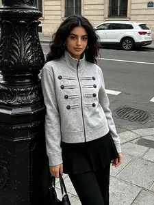 Chic military-style light gray zip-up sweatshirt with decorative buttons for women