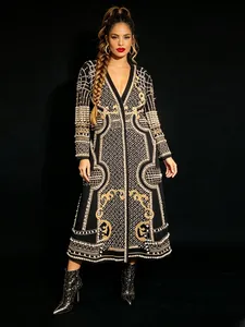 Cappotto Blazer Lungo da Donna di Lusso Stampa Geometrica Barocca Lavorazione a Perline Pesanti Perla Artificiale Poliestere Top