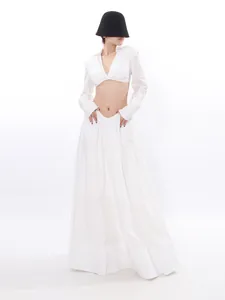 Elegant literary white cropped long sleeve top and maxi skirt set for women