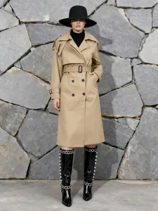 Trench da Donna Elegante Francese a Doppiopetto Lunghezza Media Stile Britannico Vita Sottile Misto Cotone Giacca a Vento con Cintura