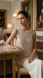 Luxury sleeveless pearl vest for women featuring elegant pearl and sequin embroidery details