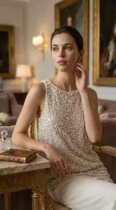 Exquisite detail of intricate pearl and sequin embroidery on a luxury sleeveless top
