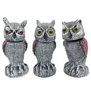 Set of three realistic rotating head owl decoys for outdoor garden bird deterrent