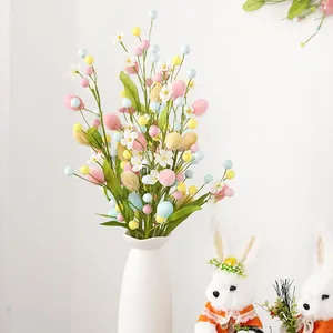 Easter Egg Artificial Branch Colorful Foam Eggs Floral Stem With Green Leaves For DIY Flower Arrangement Home Party Decor
