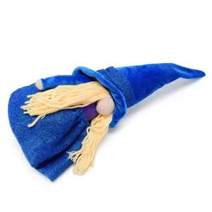 Blue wizard gnome plush doll with glittery hat and blonde yarn hair for decoration