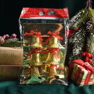 Set de 6 campanas de Navidad doradas decorativas con lazos rojos en caja de venta