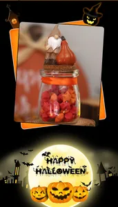 Cute Halloween gnome holding a pumpkin on a glass jar filled with paper stars