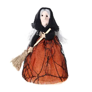 Halloween heks kerstboomtopper decoratie met bezem en oranje kantrok