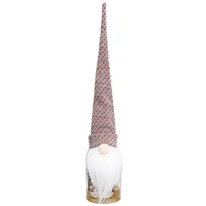 Festive Christmas gnome wine bottle cover with long knit hat and white faux fur beard