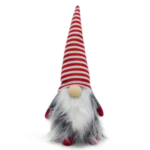Detailed close-up of Christmas gnome plush with red striped hat and white beard