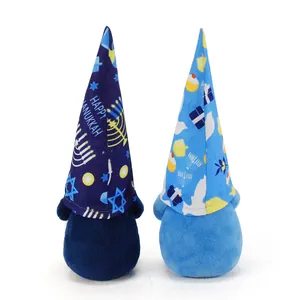 Back view of Hanukkah faceless gnome dolls with festive blue printed hats