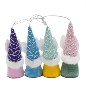 Four colorful Easter gnome hanging ornaments with LED lights and patterned knitted hats
