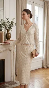 Elegantes cremefarbenes Pailletten-Set im französischen Stil mit Wellenmuster und Spitze