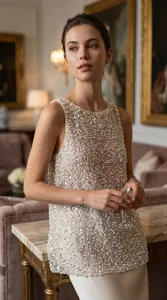 Close-up of luxury sleeveless top with intricate sequin and pearl embellishments