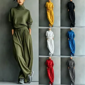 Women's 2-piece high-neck sweatshirt and wide-leg pants lounge set in solid colors